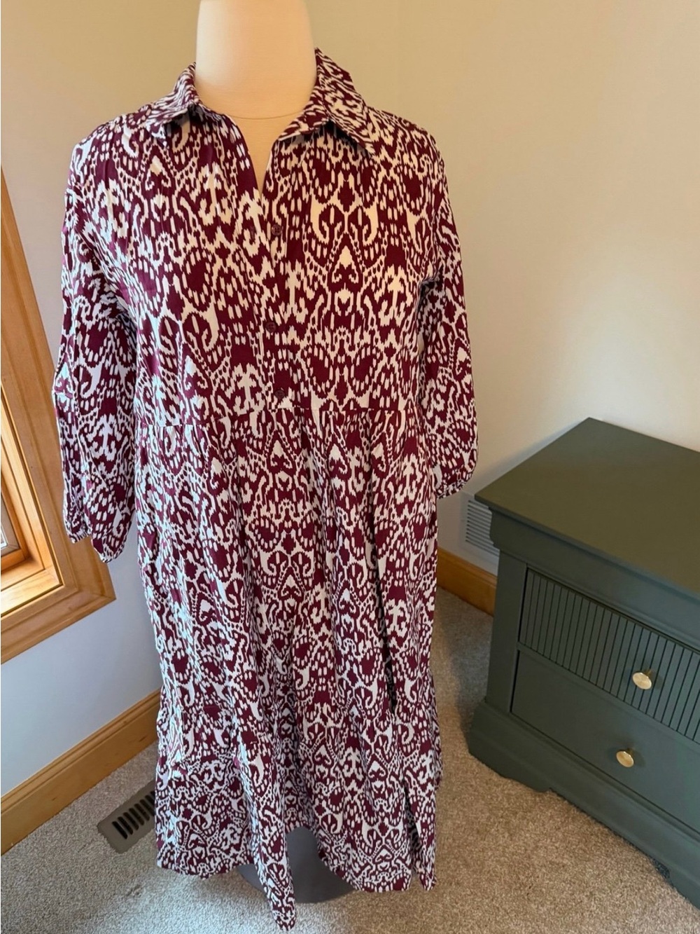 Anthropologie Burgundy and White Printed Midi Shirt Dress